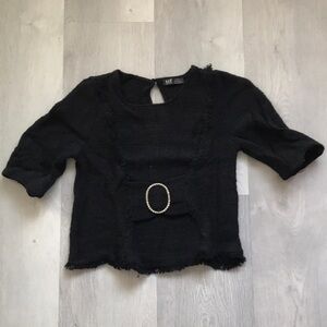 ZARA TWEED BLACK BLOUSE SHORT SLEEVE CREW WOMENS SMALL